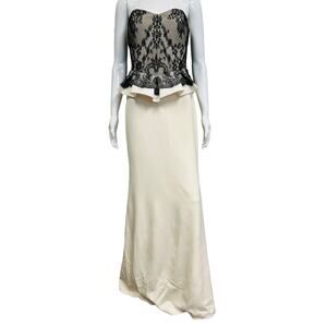 MARCHESA NOTTE Ivory Silk Black Lace Strapless Peplum Waist Maxi Evening Gown 8